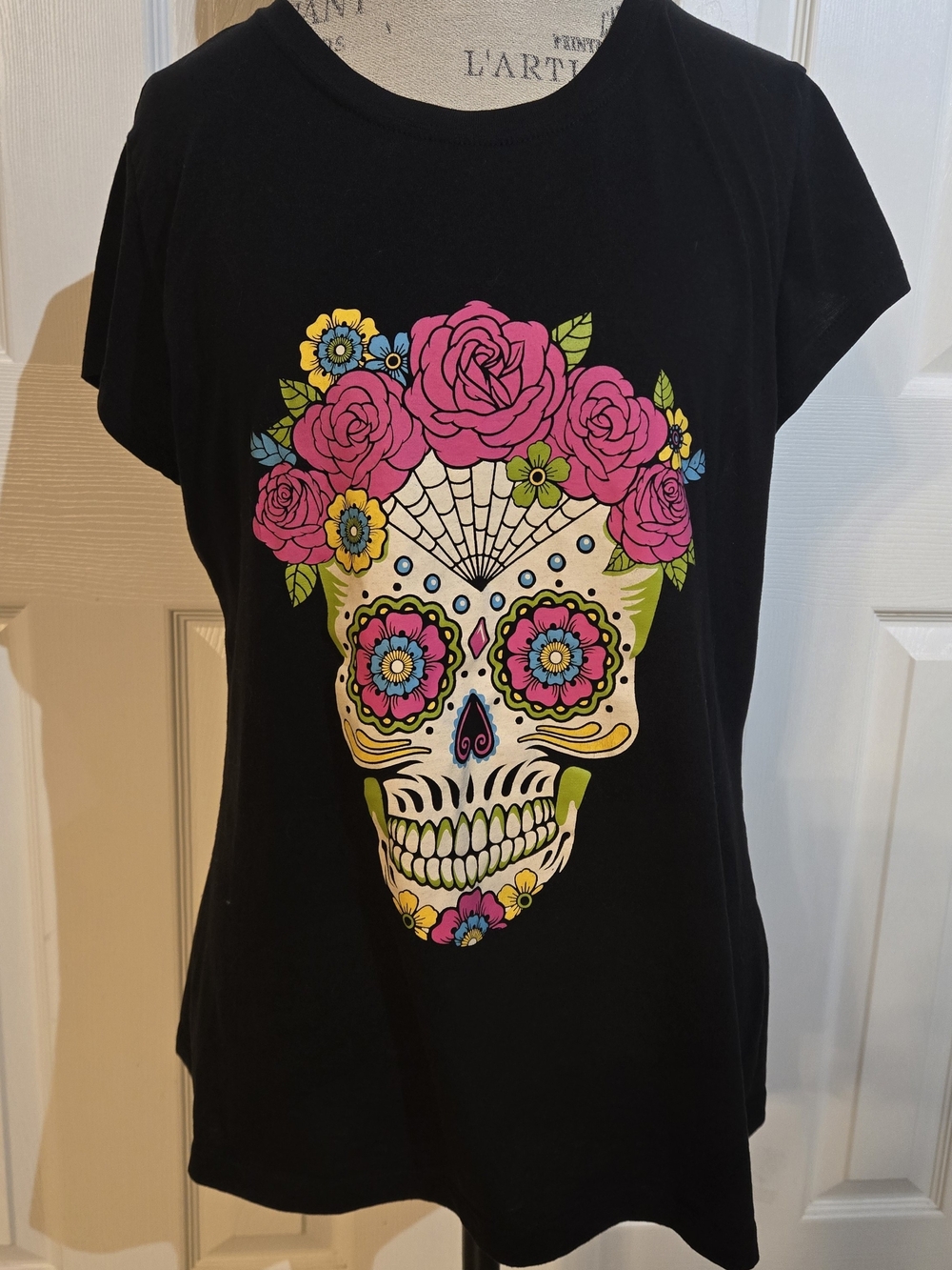 Black Women’s Sugar Skull Floral Tee - Pink & Multicolor Graphic